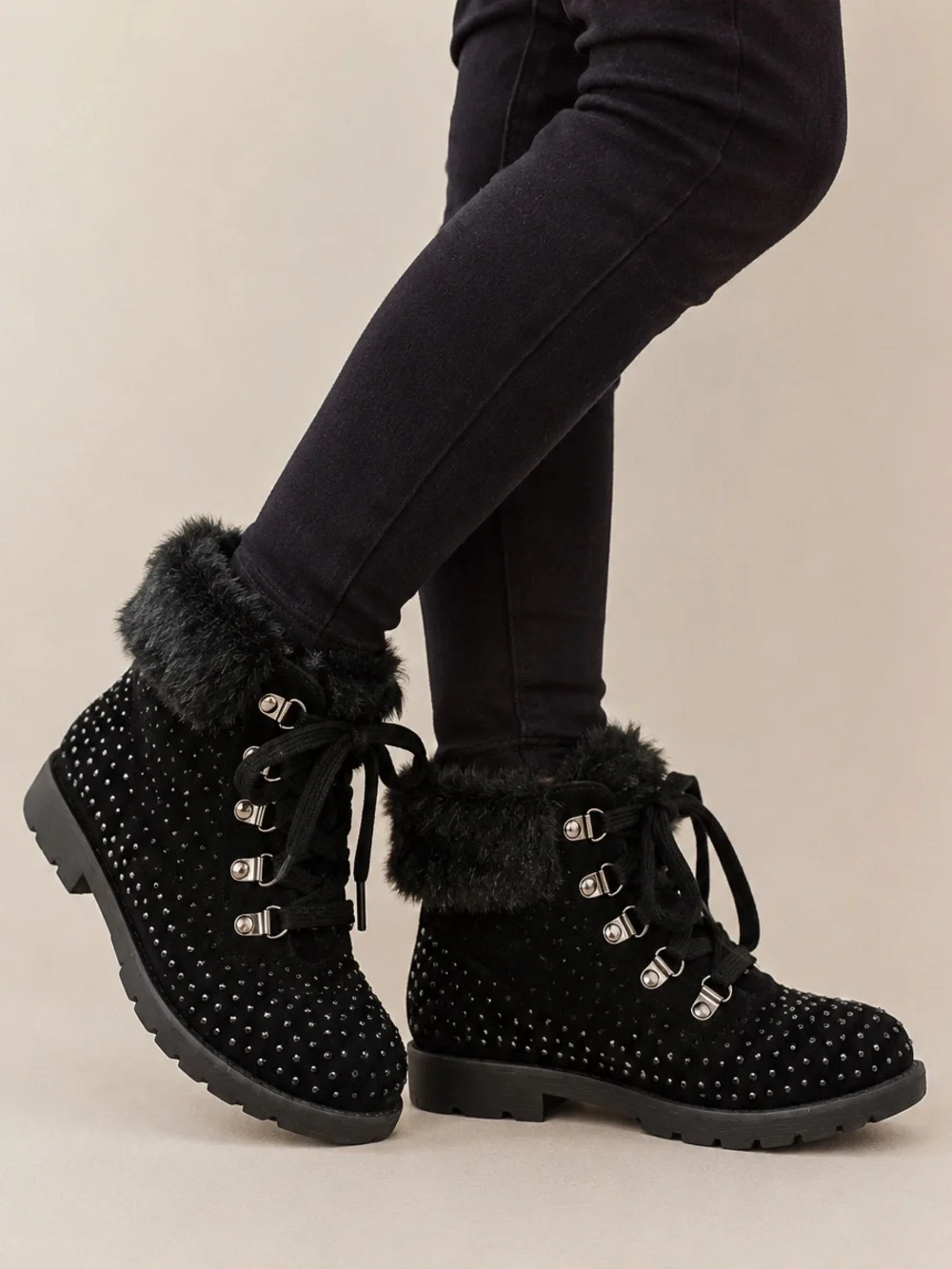 Justice Girls Size 3 Black Combat Boots Faux Fur Rhinestone Studded